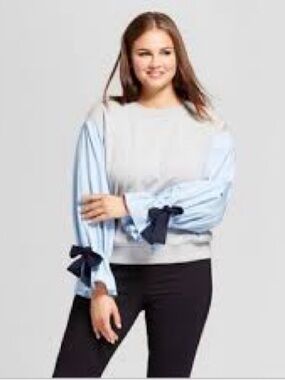 Who What Wear Mixed Media Grey Sweatshirt with blue Poplin Sleeves & Ribbon Ties